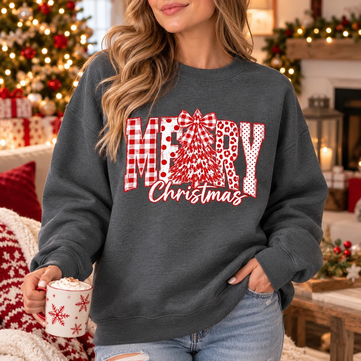 Merry Christmas Sweatshirt with Plaid MERRY Letters, Tree and Bow, Rustic Holiday Style for Women