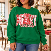 Merry Christmas Sweatshirt with Plaid MERRY Letters, Tree and Bow, Rustic Holiday Style for Women