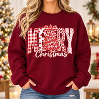 Merry Christmas Sweatshirt with Plaid MERRY Letters, Tree and Bow, Rustic Holiday Style for Women