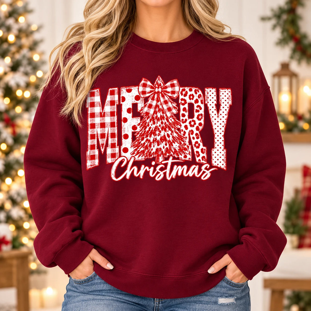 Merry Christmas Sweatshirt with Plaid MERRY Letters, Tree and Bow, Rustic Holiday Style for Women