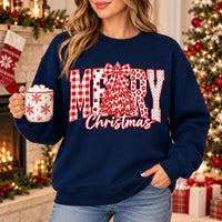Merry Christmas Sweatshirt with Plaid MERRY Letters, Tree and Bow, Rustic Holiday Style for Women