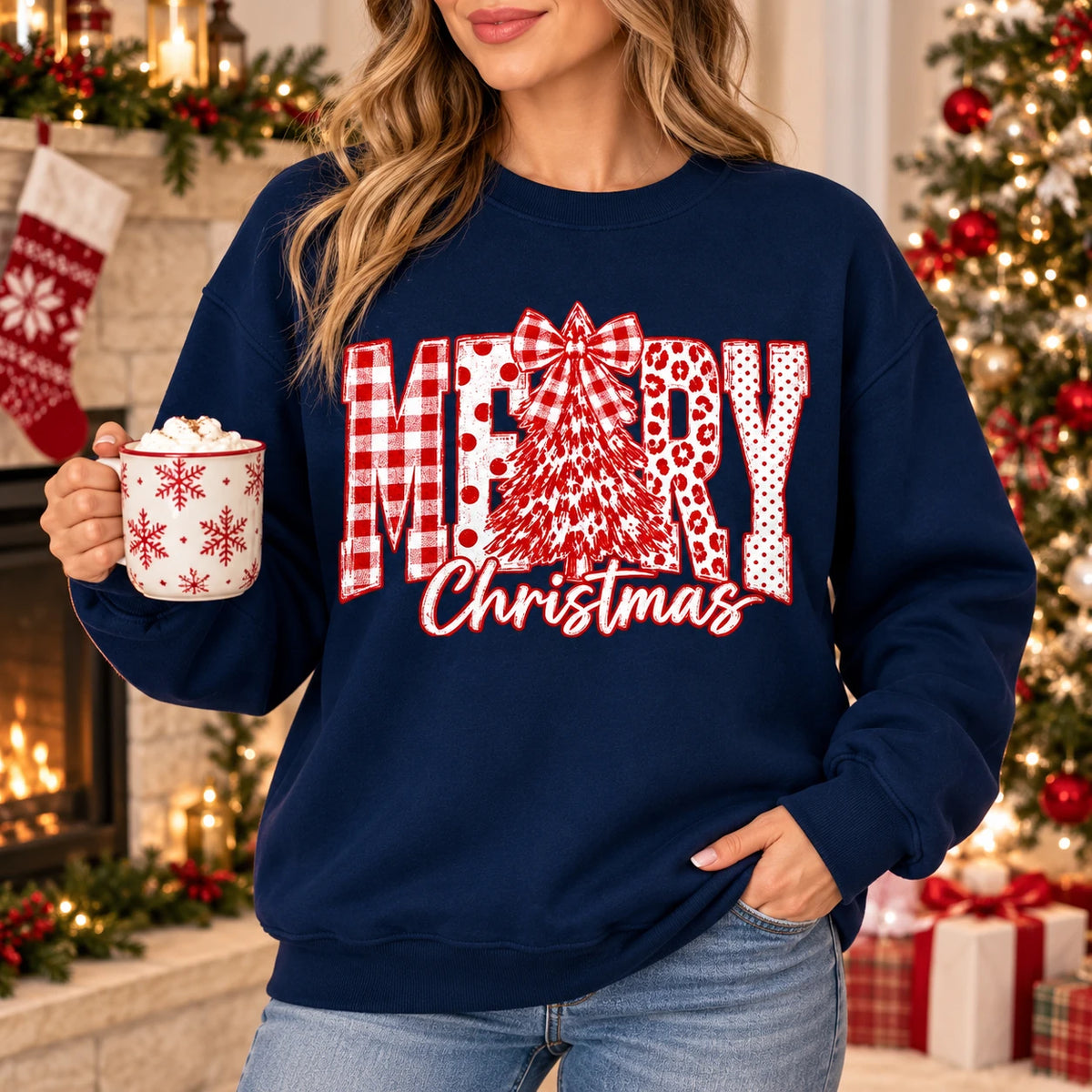 Merry Christmas Sweatshirt with Plaid MERRY Letters, Tree and Bow, Rustic Holiday Style for Women