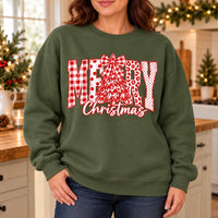 Merry Christmas Sweatshirt with Plaid MERRY Letters, Tree and Bow, Rustic Holiday Style for Women