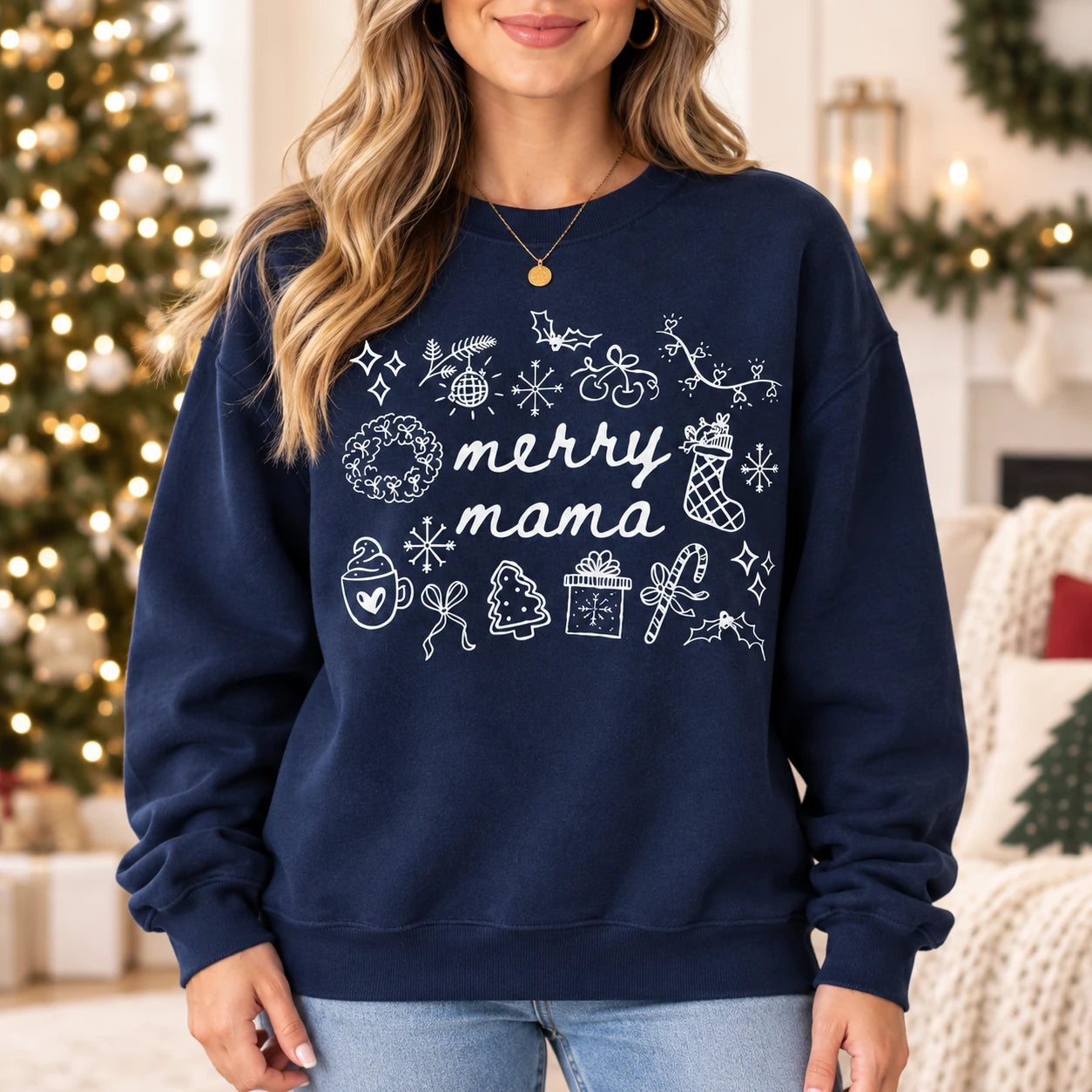 Merry Mama Christmas Sweatshirt Cute Holiday Doodles Graphic Sweater for Women