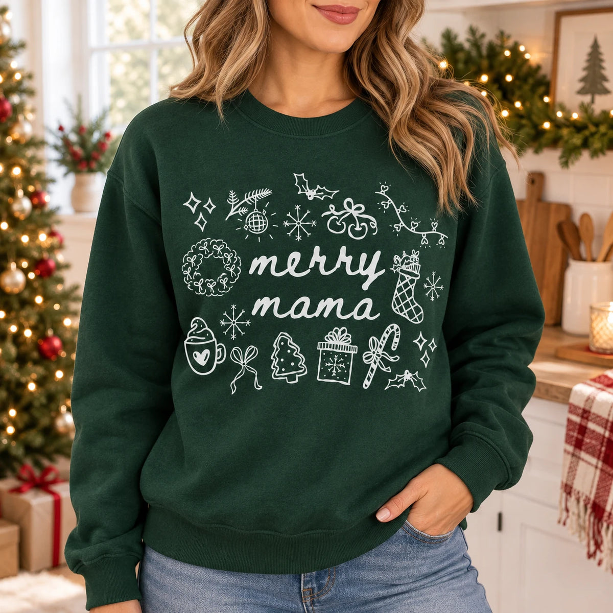 Merry Mama Christmas Sweatshirt Cute Holiday Doodles Graphic Sweater for Women