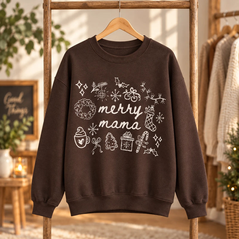 Merry Mama Christmas Sweatshirt Cute Holiday Doodles Graphic Sweater for Women