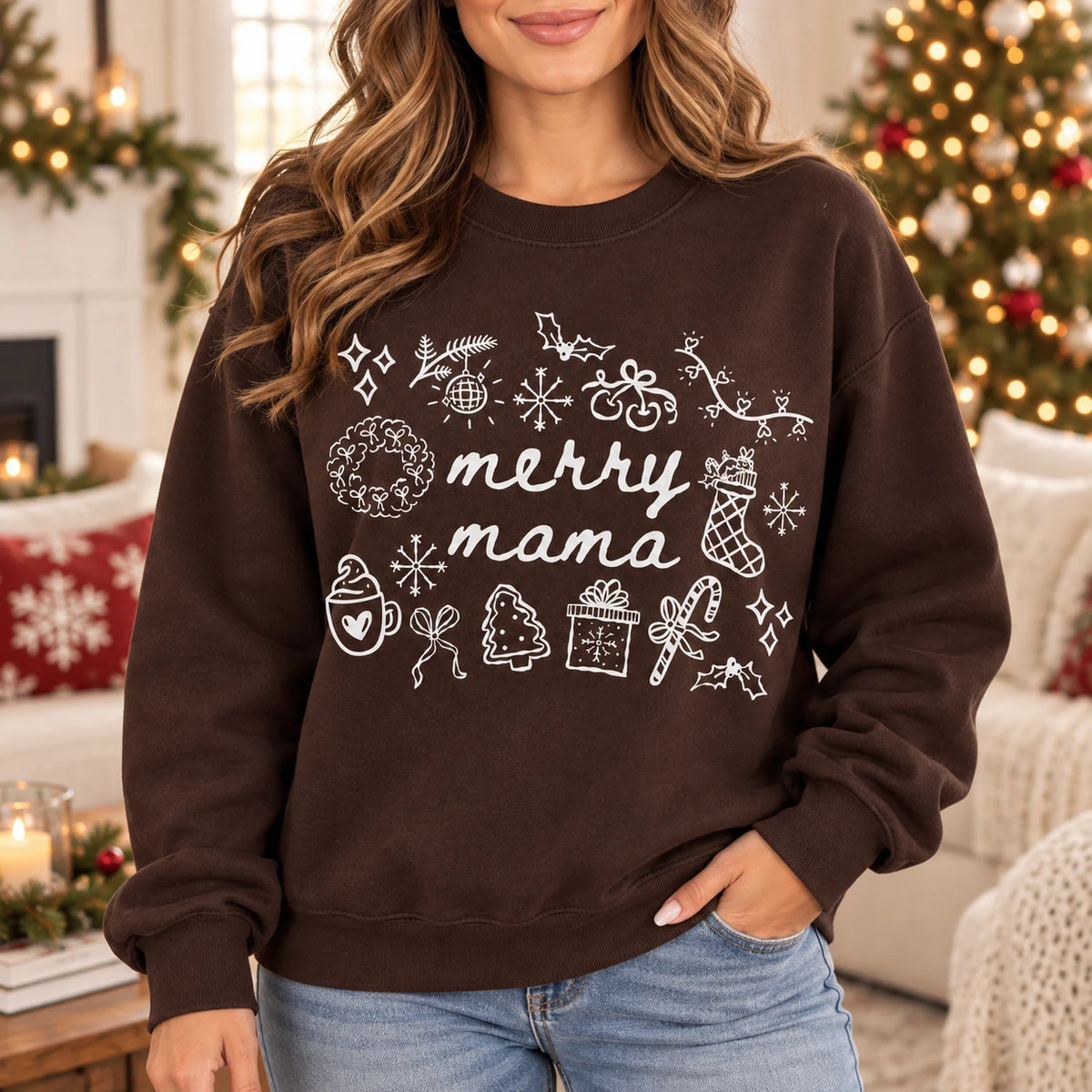 Merry Mama Christmas Sweatshirt Cute Holiday Doodles Graphic Sweater for Women