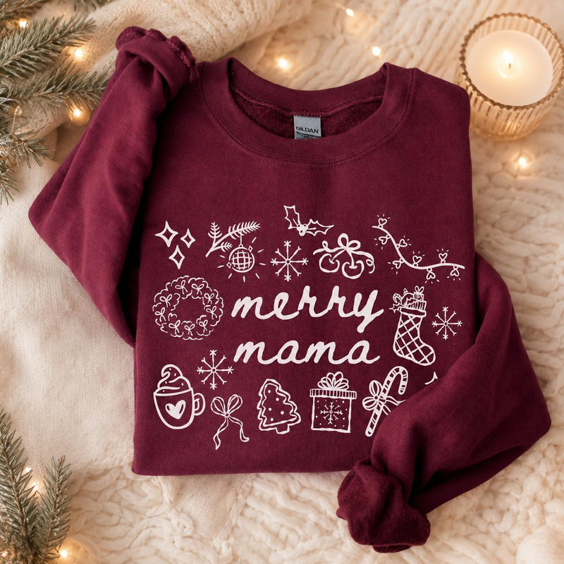 Merry Mama Christmas Sweatshirt Merry Mama Christmas Women Cute Holiday Doodle Design