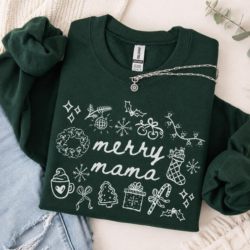 Merry Mama Christmas Sweatshirt Merry Mama Christmas Women Cute Holiday Doodle Design