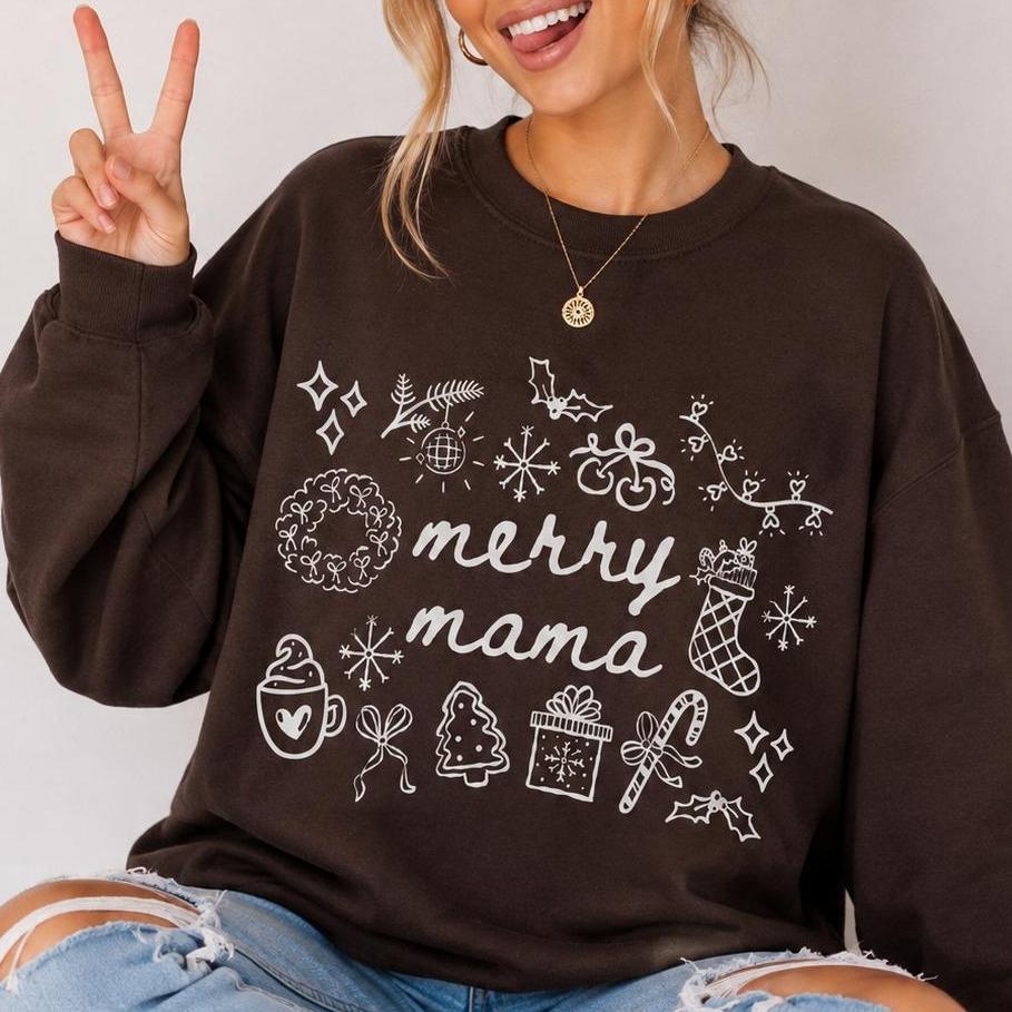 Merry Mama Christmas Sweatshirt Merry Mama Christmas Women Cute Holiday Doodle Design