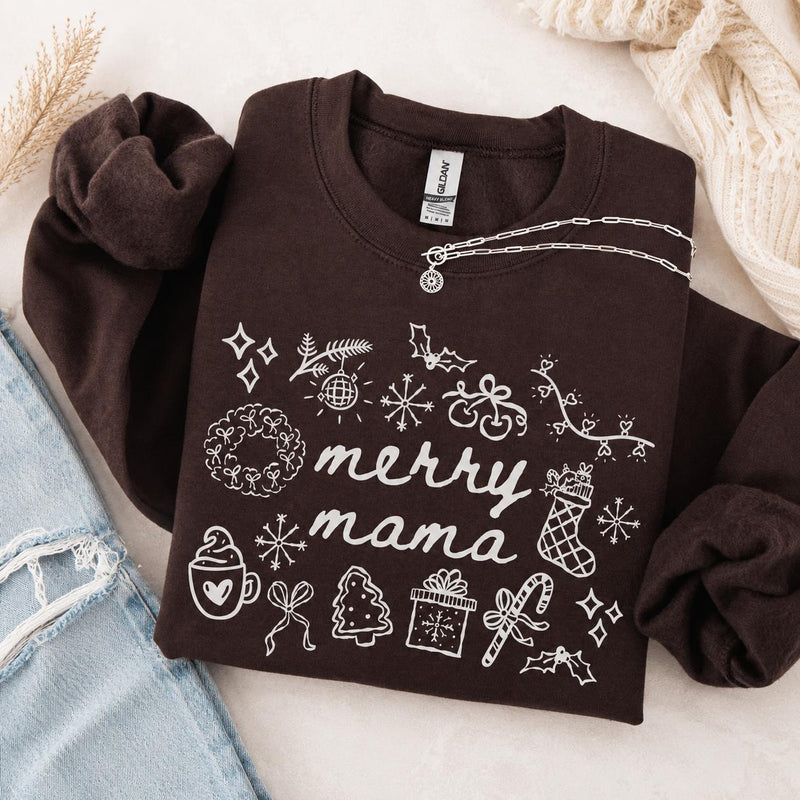 Merry Mama Christmas Sweatshirt Merry Mama Christmas Women Cute Holiday Doodle Design