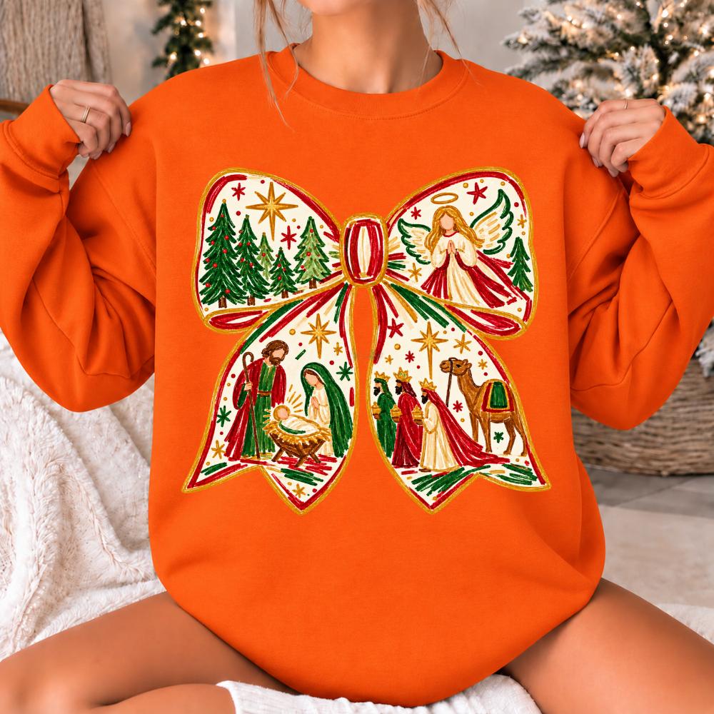 Nativity Christmas Bow Jesus Birth Scene Sweatshirt Christian Holiday Women Hand-Painted Design