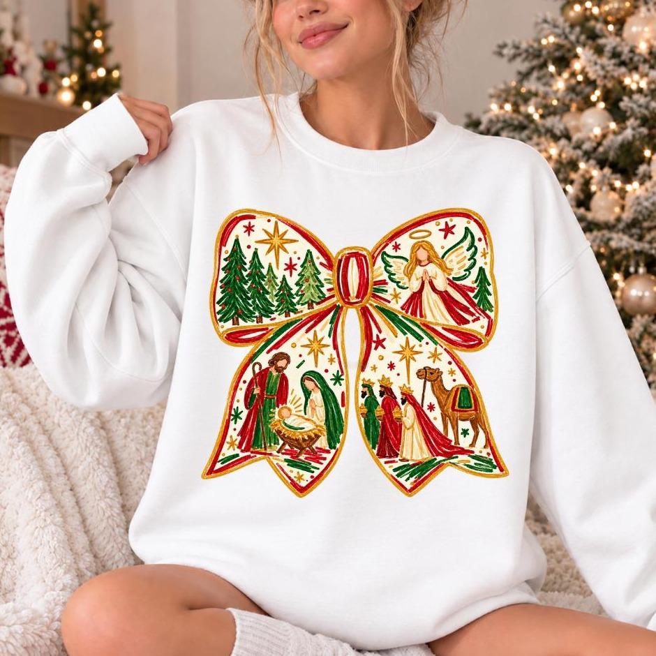 Nativity Christmas Bow Jesus Birth Scene Sweatshirt Christian Holiday Women Hand-Painted Design