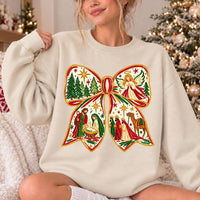 Nativity Christmas Bow Jesus Birth Scene Sweatshirt Christian Holiday Women Hand-Painted Design