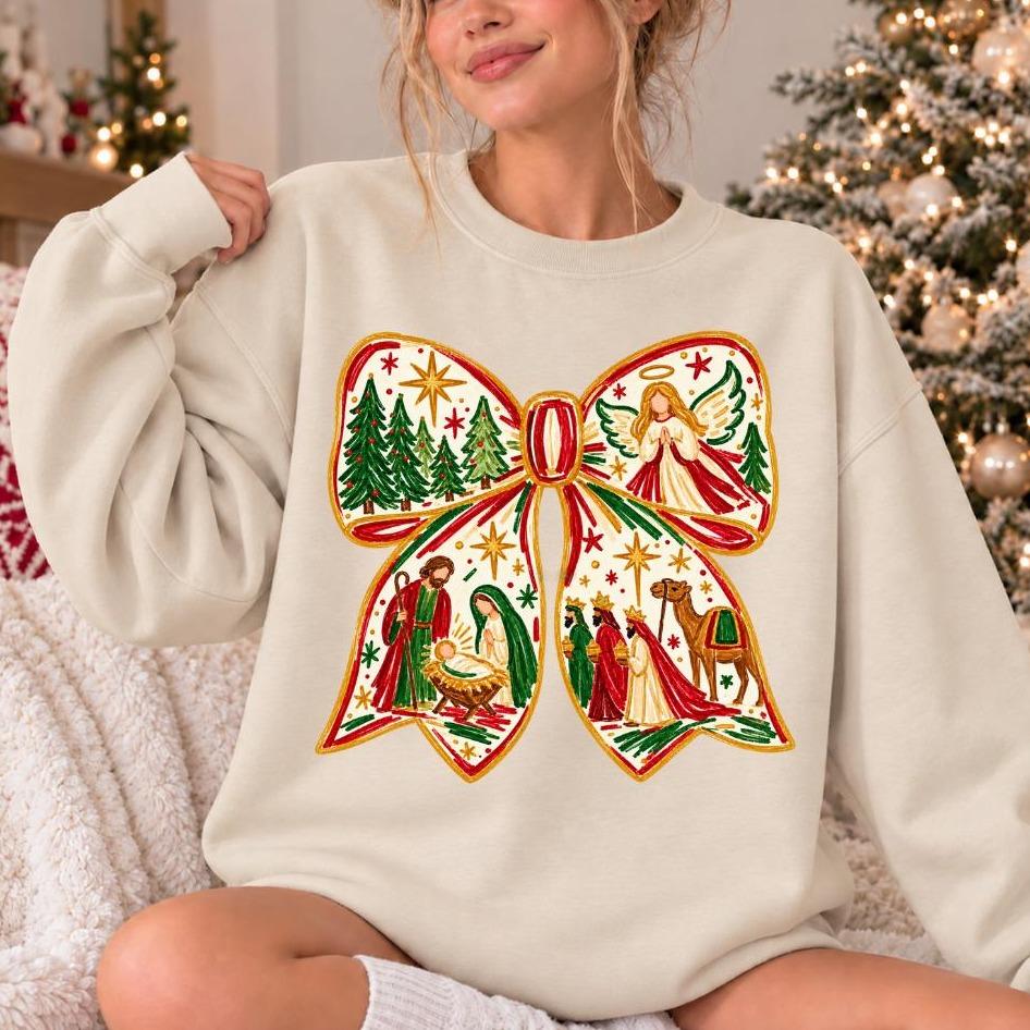 Nativity Christmas Bow Jesus Birth Scene Sweatshirt Christian Holiday Women Hand-Painted Design