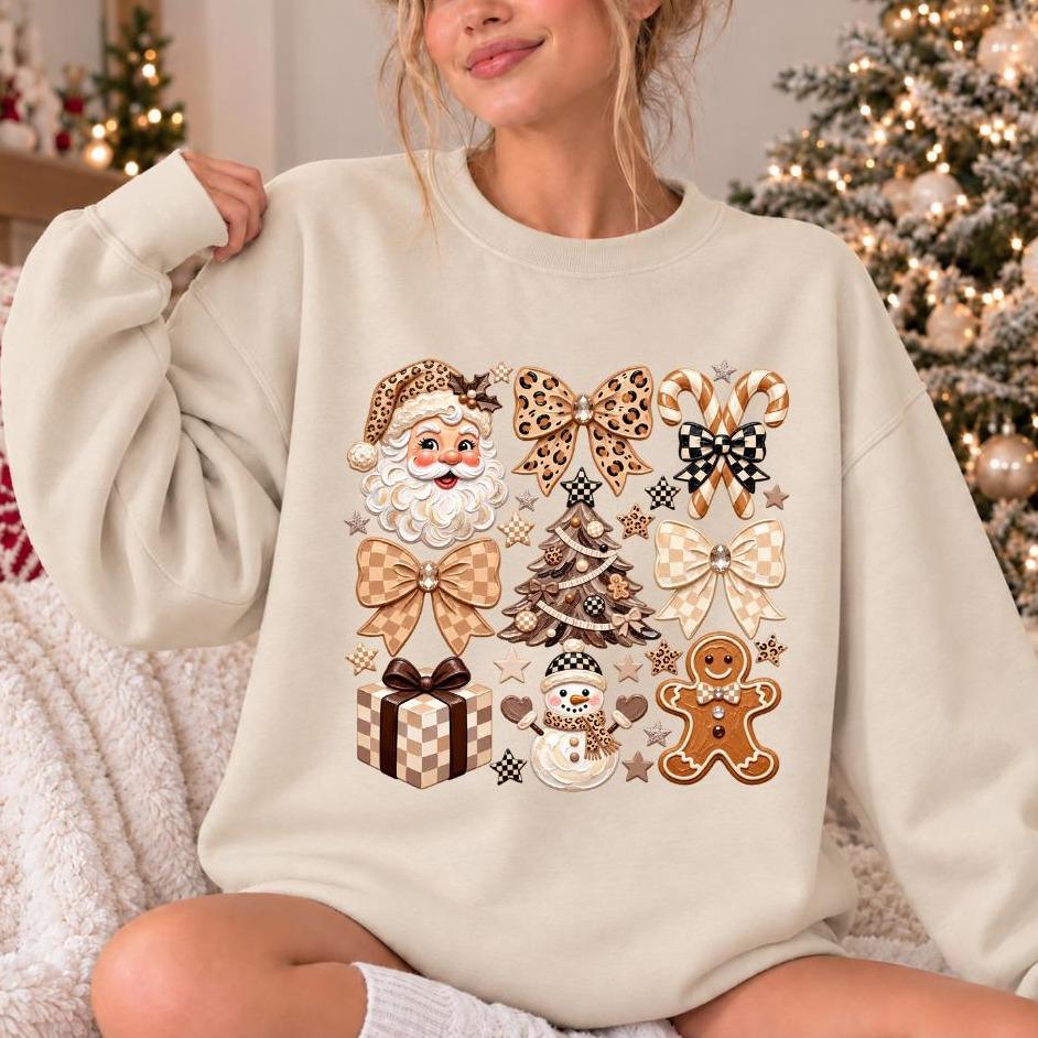 Neutral Christmas Graphic Santa Gingerbread Snowman Sweatshirt Holiday Women Vintage Coquette Design