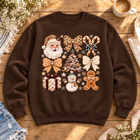 Neutral Christmas Graphic Sweatshirt with Santa, Gingerbread, Snowman and Gingham Bows