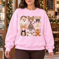 Neutral Christmas Graphic Sweatshirt with Santa, Gingerbread, Snowman and Gingham Bows