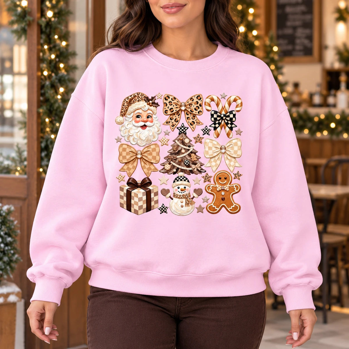 Neutral Christmas Graphic Sweatshirt with Santa, Gingerbread, Snowman and Gingham Bows
