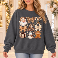 Neutral Christmas Graphic Sweatshirt with Santa, Gingerbread, Snowman and Gingham Bows