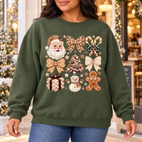 Neutral Christmas Graphic Sweatshirt with Santa, Gingerbread, Snowman and Gingham Bows