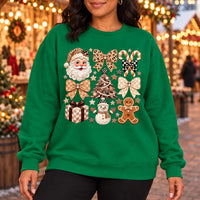 Neutral Christmas Graphic Sweatshirt with Santa, Gingerbread, Snowman and Gingham Bows