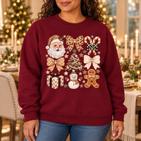 Neutral Christmas Graphic Sweatshirt with Santa, Gingerbread, Snowman and Gingham Bows