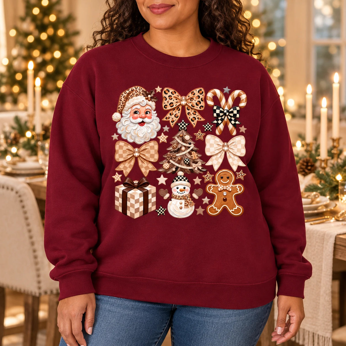 Neutral Christmas Graphic Sweatshirt with Santa, Gingerbread, Snowman and Gingham Bows
