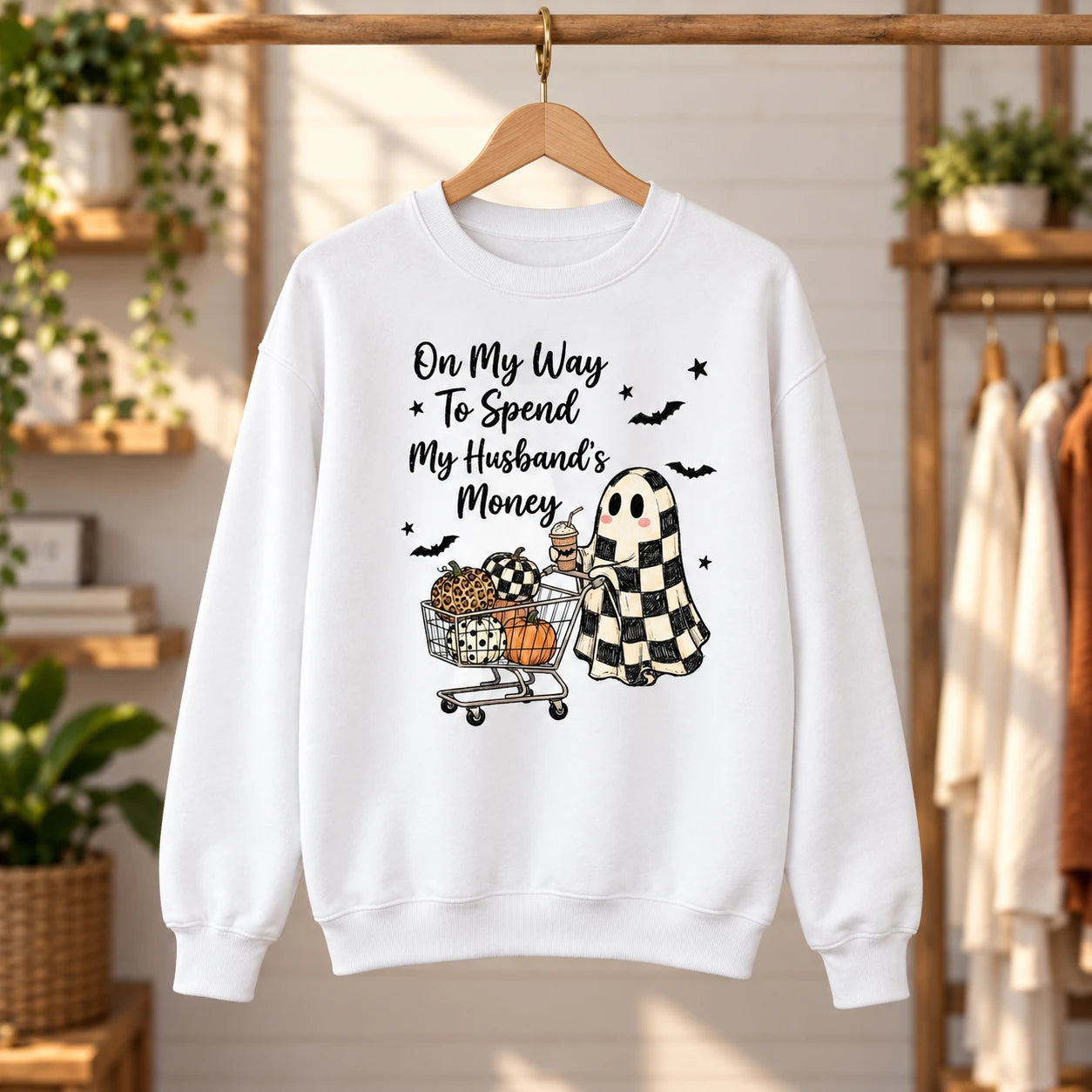 On My Way To Spend My Husbands Money Sweatshirt Cute Ghost Shopping Cart Crewneck Funny Fall Pullover for Women