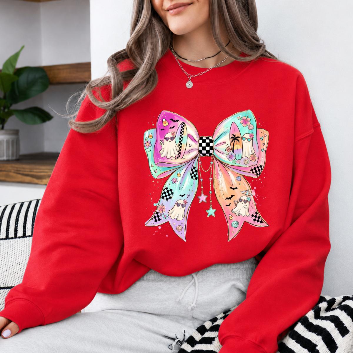 Pastel Ghost Bow Beachy Spooky Season Sweatshirt and T-Shirt Halloween Women Coquette Retro