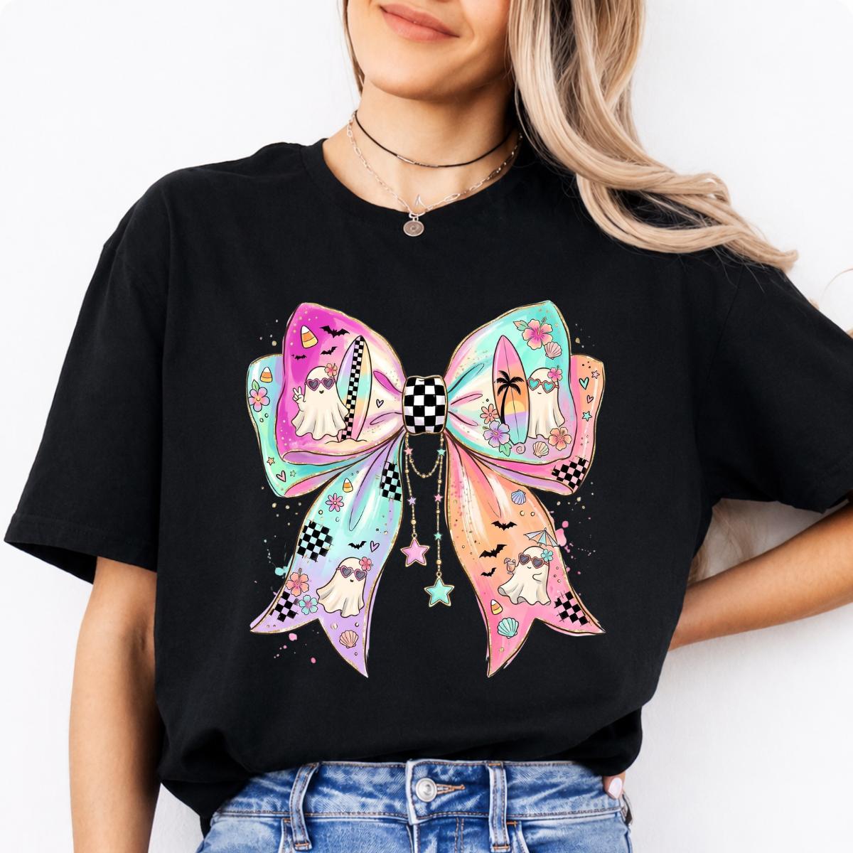 Pastel Ghost Bow Beachy Spooky Season Sweatshirt and T-Shirt Halloween Women Coquette Retro