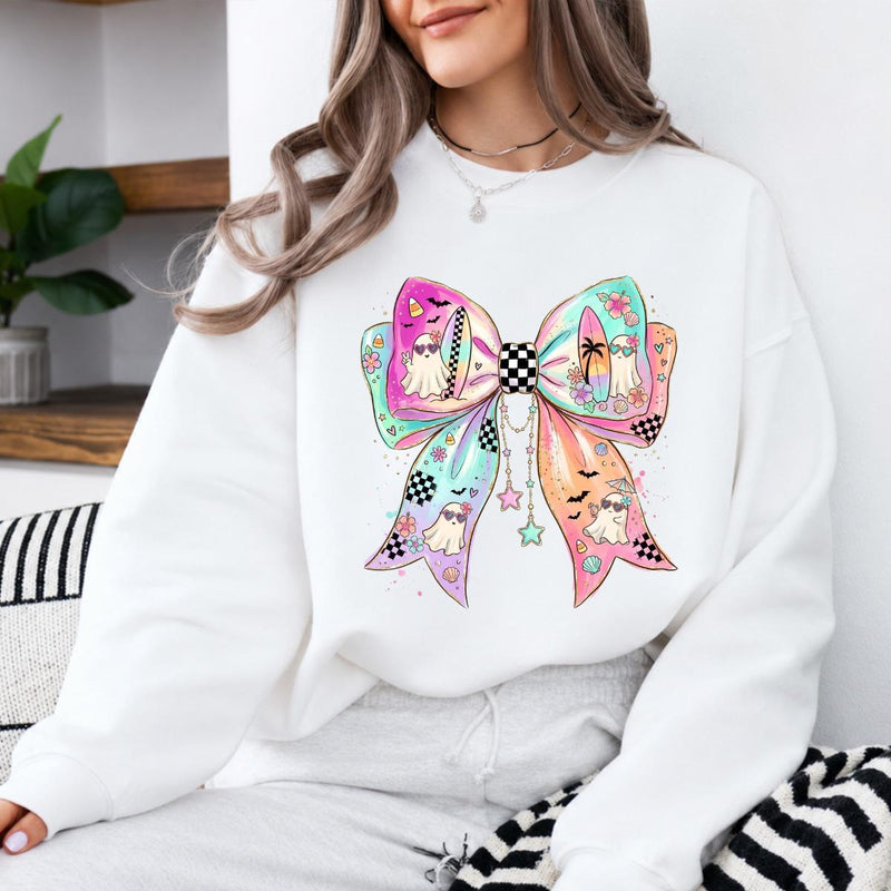 Pastel Ghost Bow Beachy Spooky Season Sweatshirt and T-Shirt Halloween Women Coquette Retro
