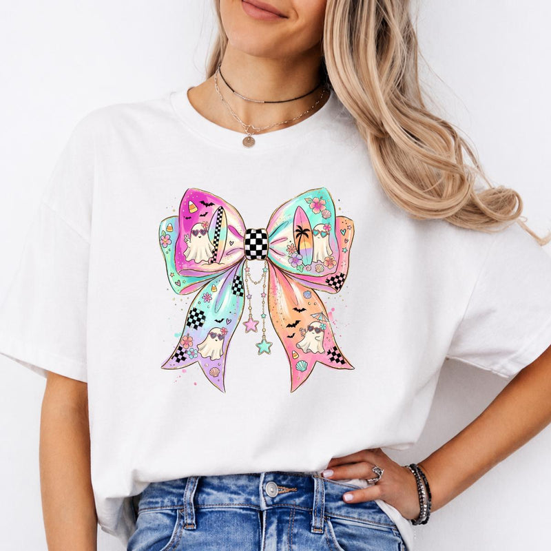 Pastel Ghost Bow Beachy Spooky Season Sweatshirt and T-Shirt Halloween Women Coquette Retro