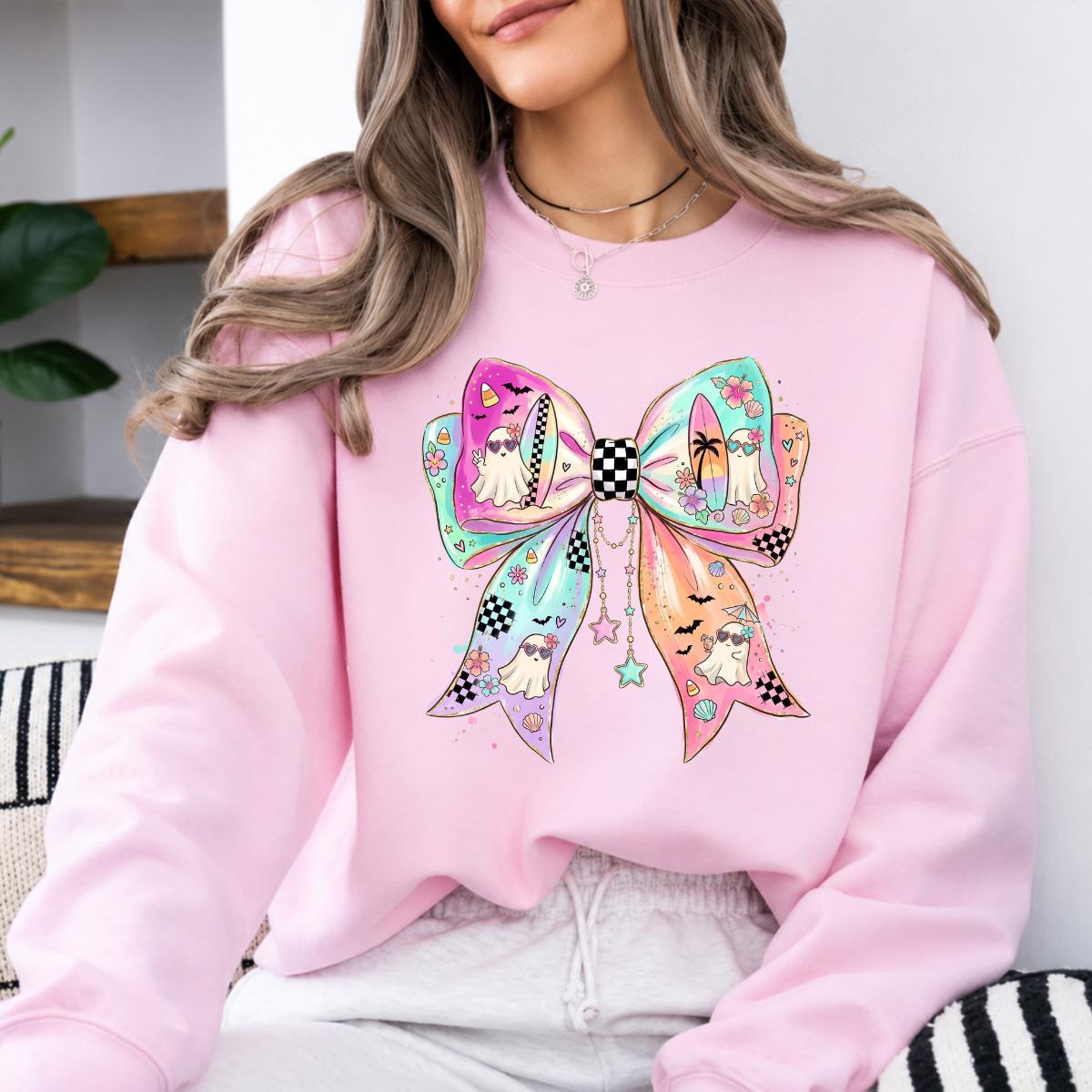 Pastel Ghost Bow Beachy Spooky Season Sweatshirt and T-Shirt Halloween Women Coquette Retro