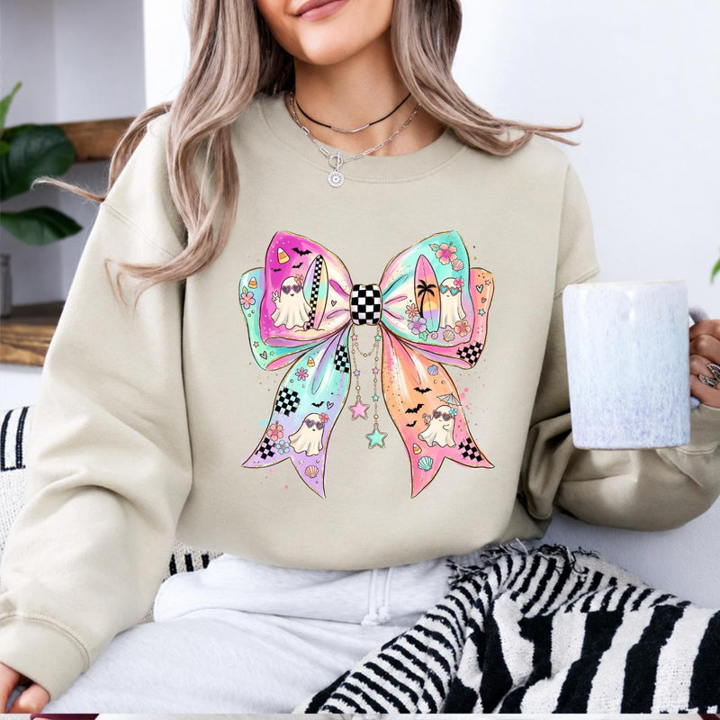 Pastel Ghost Bow Beachy Spooky Season Sweatshirt and T-Shirt Halloween Women Coquette Retro