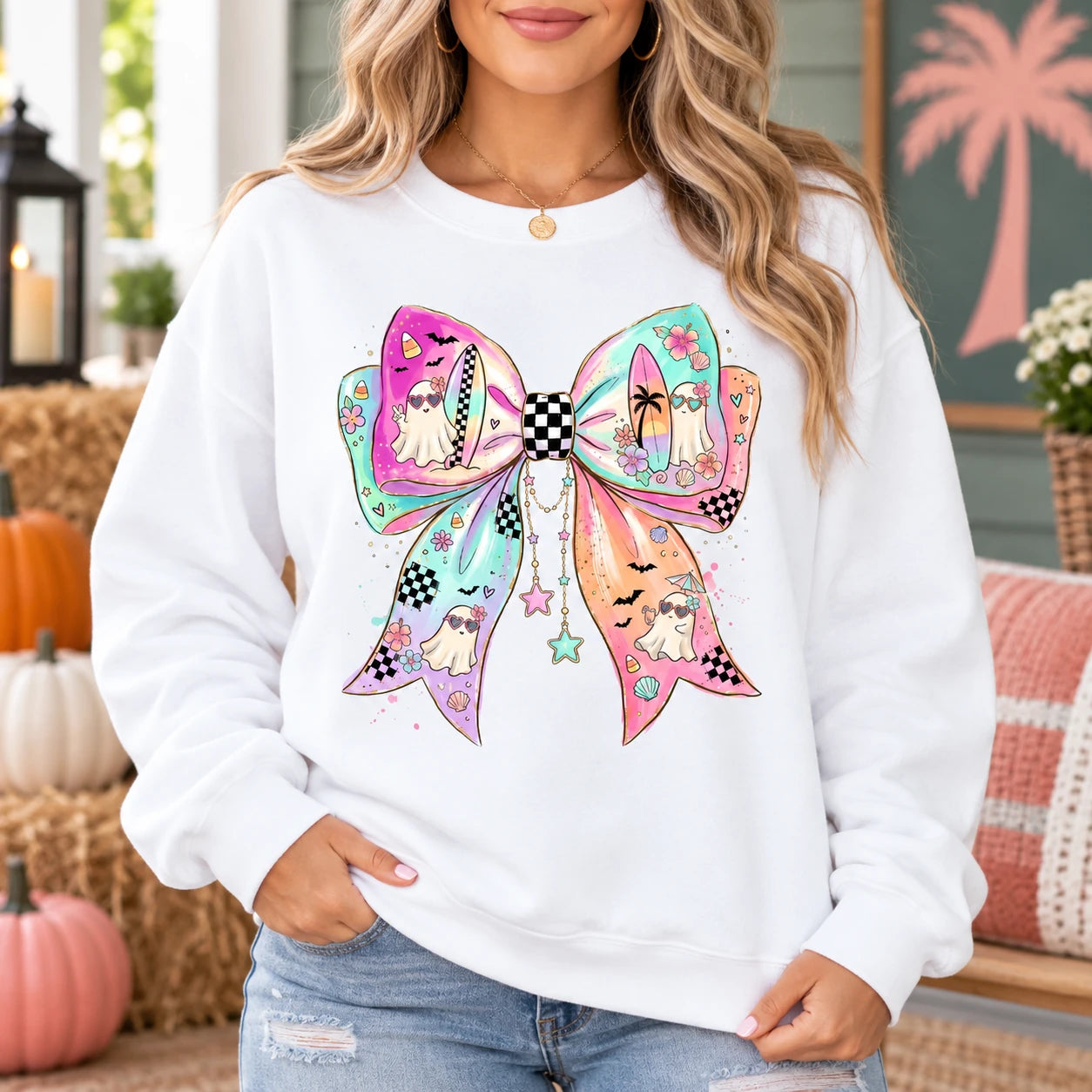 Pastel Ghost Bow Shirt Beachy Spooky Season Graphic Tee & Sweatshirt Coquette Halloween Apparel for Women