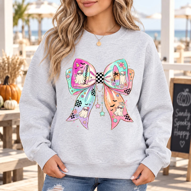 Pastel Ghost Bow Shirt Beachy Spooky Season Graphic Tee & Sweatshirt Coquette Halloween Apparel for Women