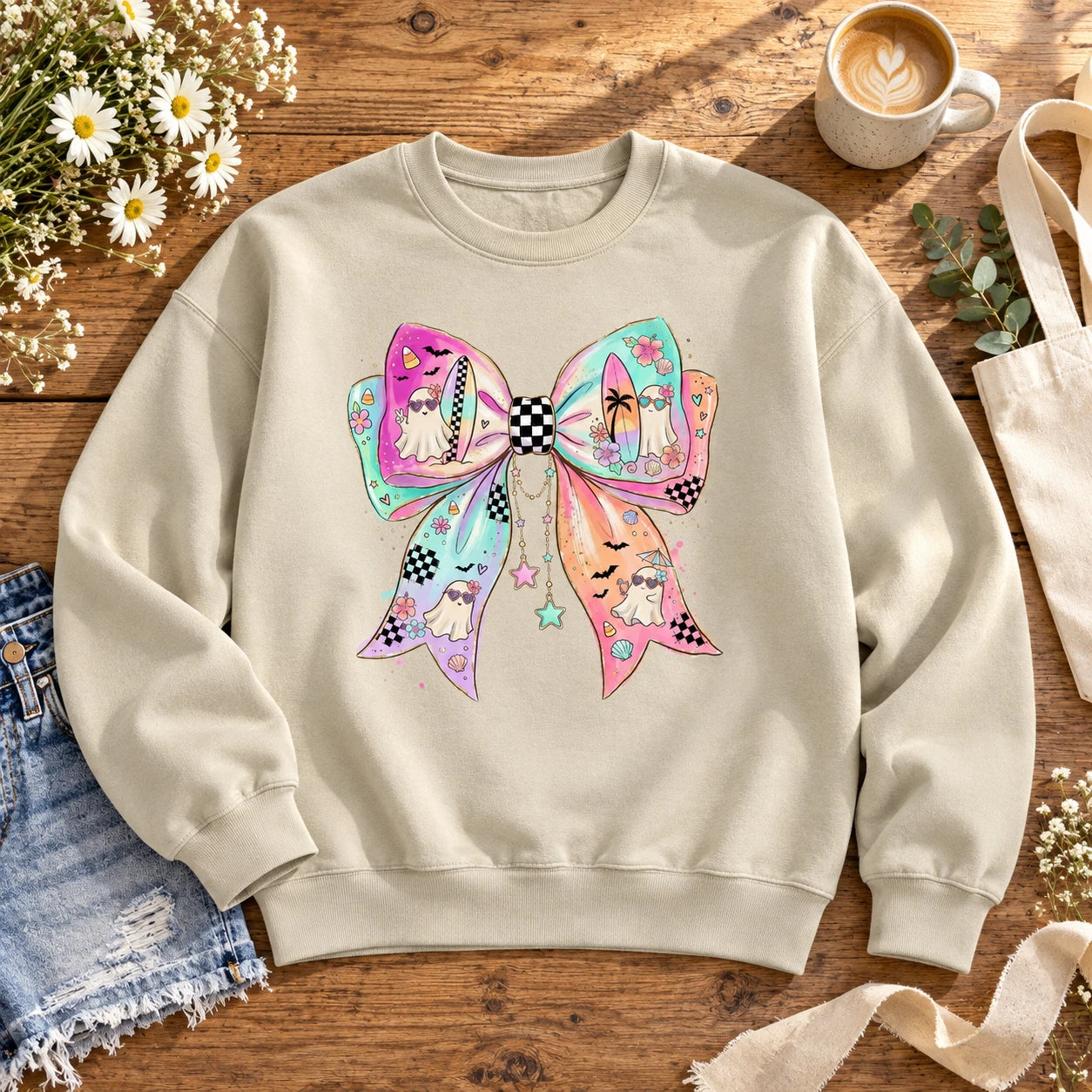 Pastel Ghost Bow Shirt Beachy Spooky Season Graphic Tee & Sweatshirt Coquette Halloween Apparel for Women
