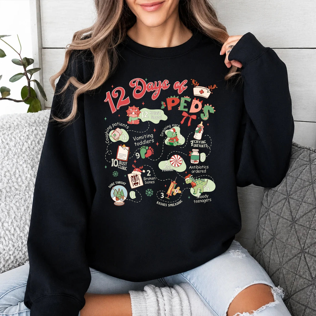 Pediatric Nurse Christmas 12 Days of Peds Sweatshirt Holiday Peds Nurse Women Cute Retro