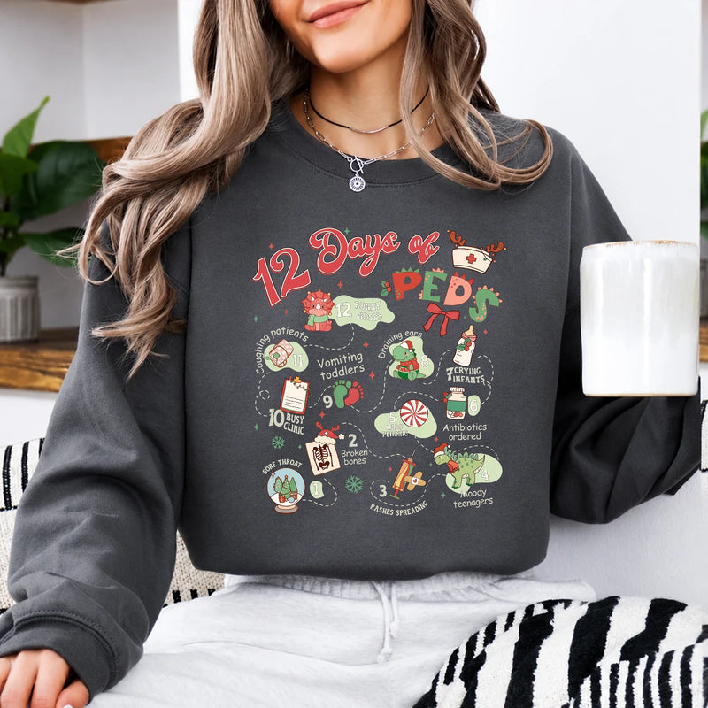 Pediatric Nurse Christmas 12 Days of Peds Sweatshirt Holiday Peds Nurse Women Cute Retro