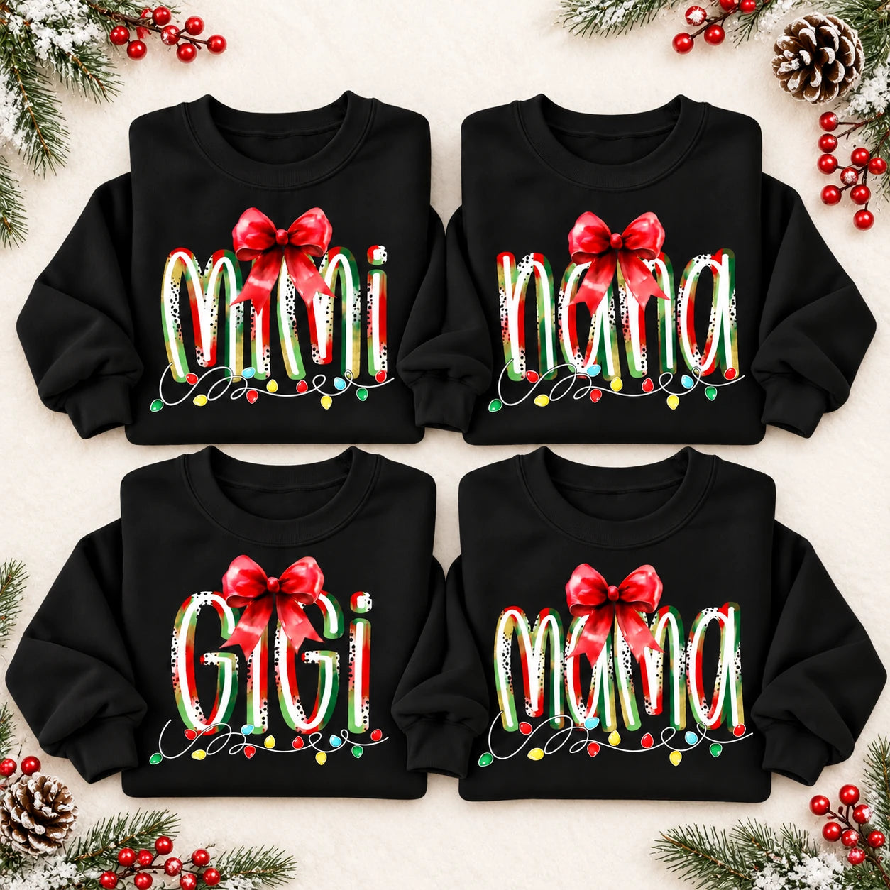 Personalized Christmas Grandma Sweatshirt, Custom Family Nickname with Red Bow & Holiday Lights, Mom Nana Mimi Gigi Gift