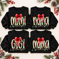 Personalized Christmas Grandma Sweatshirt, Custom Family Nickname with Red Bow & Holiday Lights, Mom Nana Mimi Gigi Gift