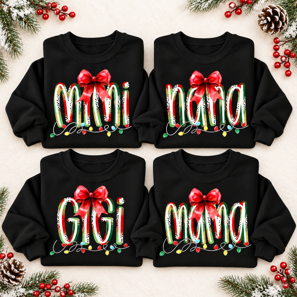 Personalized Christmas Grandma Sweatshirt, Custom Family Nickname with Red Bow & Holiday Lights, Mom Nana Mimi Gigi Gift