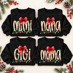 Personalized Christmas Grandma Sweatshirt, Custom Family Nickname with Red Bow & Holiday Lights, Mom Nana Mimi Gigi Gift