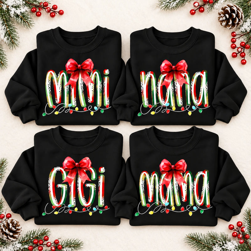 Personalized Christmas Grandma Sweatshirt, Custom Family Nickname with Red Bow & Holiday Lights, Mom Nana Mimi Gigi Gift