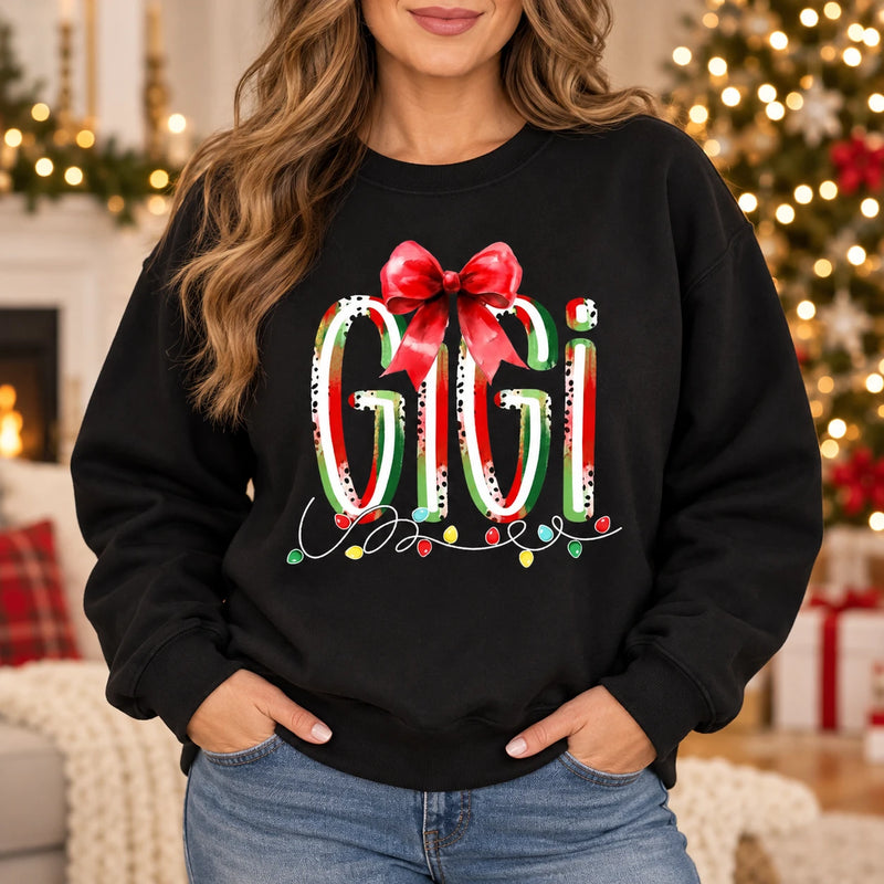 Personalized Christmas Grandma Sweatshirt, Custom Family Nickname with Red Bow & Holiday Lights, Mom Nana Mimi Gigi Gift