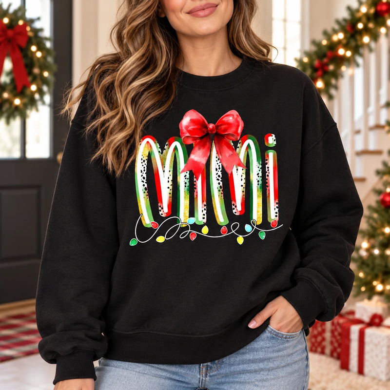 Personalized Christmas Grandma Sweatshirt, Custom Family Nickname with Red Bow & Holiday Lights, Mom Nana Mimi Gigi Gift