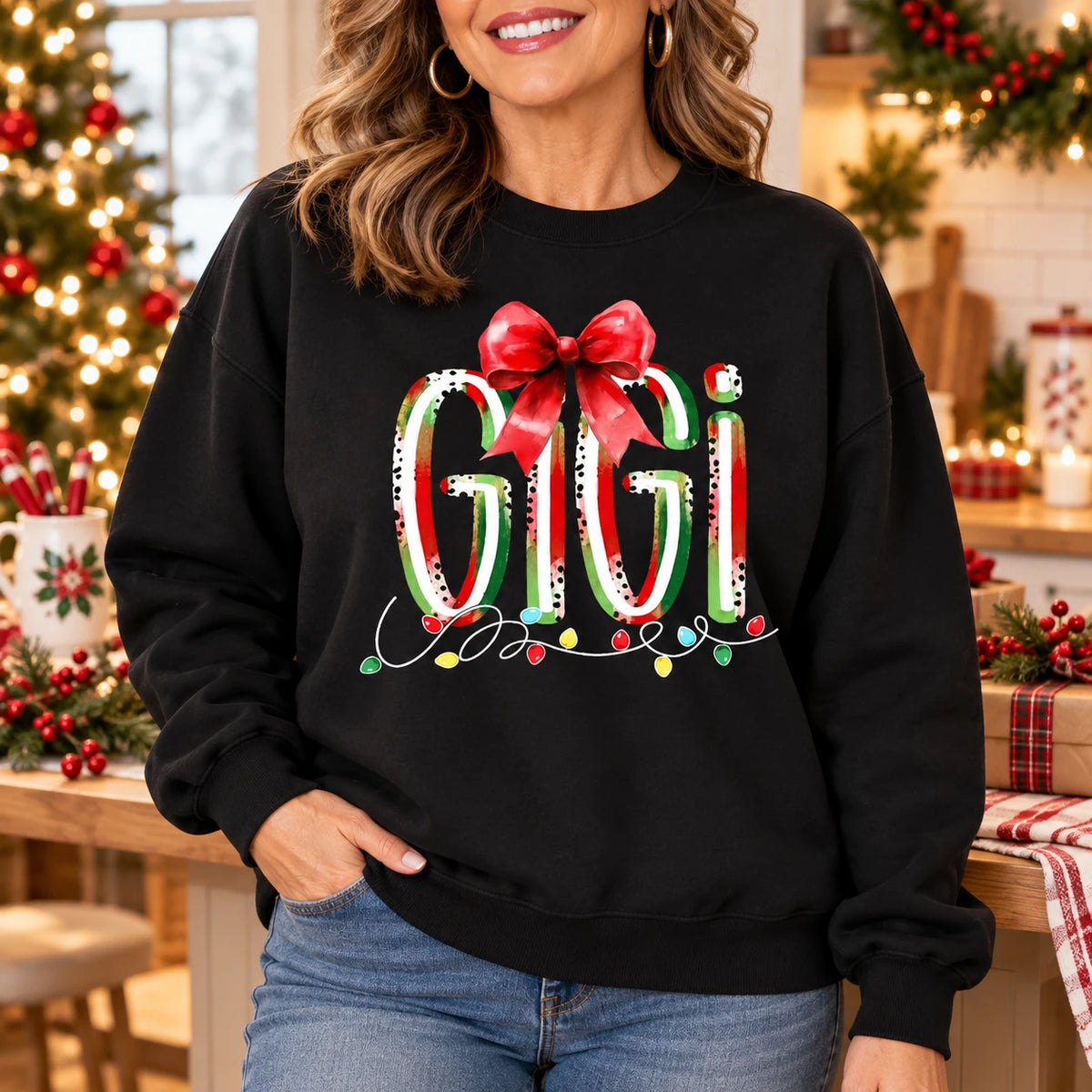Personalized Christmas Grandma Sweatshirt, Custom Family Nickname with Red Bow & Holiday Lights, Mom Nana Mimi Gigi Gift
