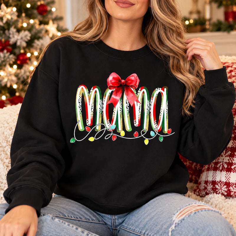 Personalized Christmas Grandma Sweatshirt, Custom Family Nickname with Red Bow & Holiday Lights, Mom Nana Mimi Gigi Gift