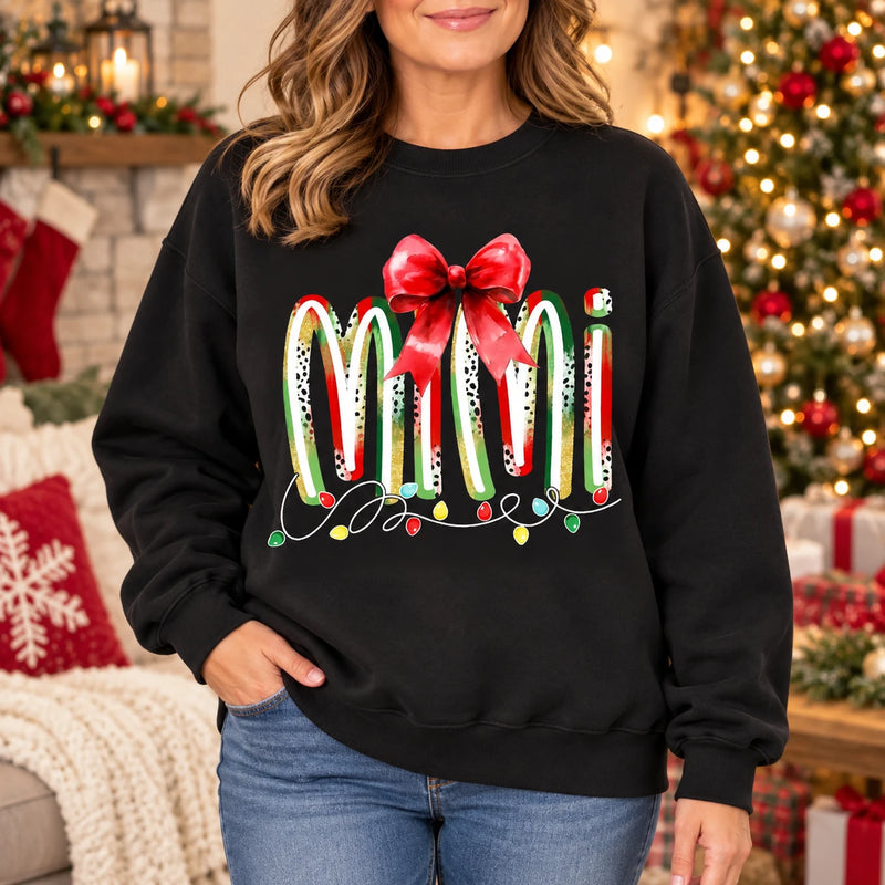 Personalized Christmas Grandma Sweatshirt, Custom Family Nickname with Red Bow & Holiday Lights, Mom Nana Mimi Gigi Gift